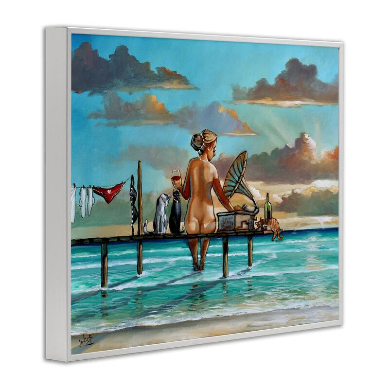 Stupell Woman & Cats Beach Sunset Framed Giclee Art Design By Ronald West