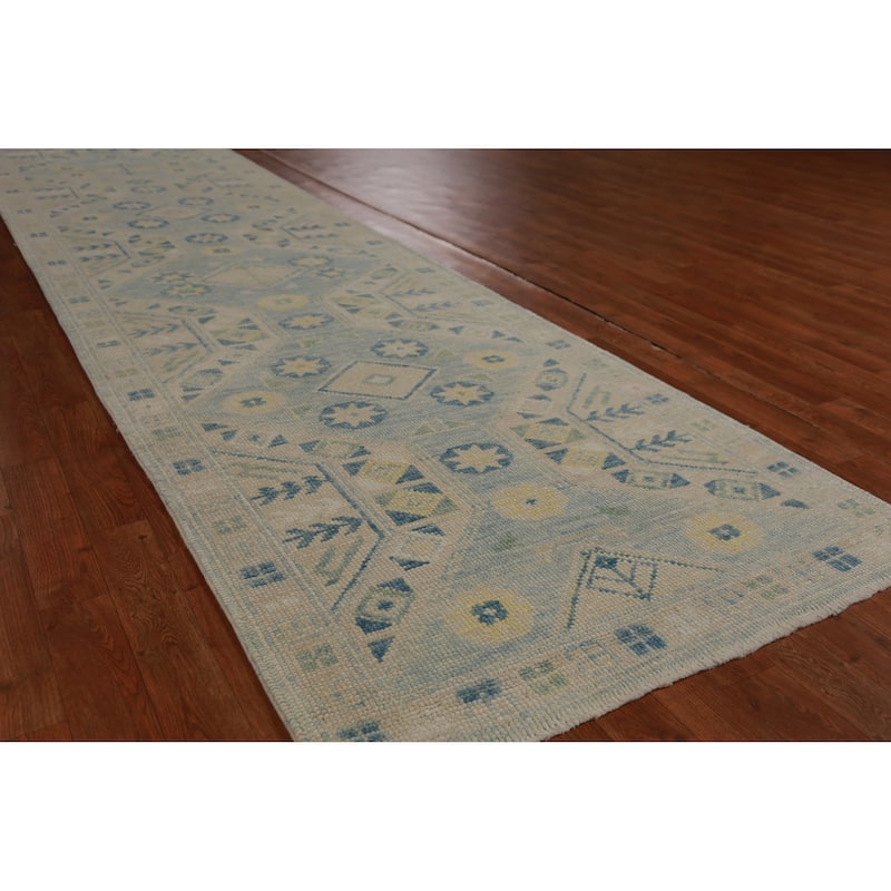 Hand Knotted Oriental 100% Wool Carpet Transitional Geometric Navy Blue & Blues Oushak Runner Rug - 16' 0'' X 3' 4''