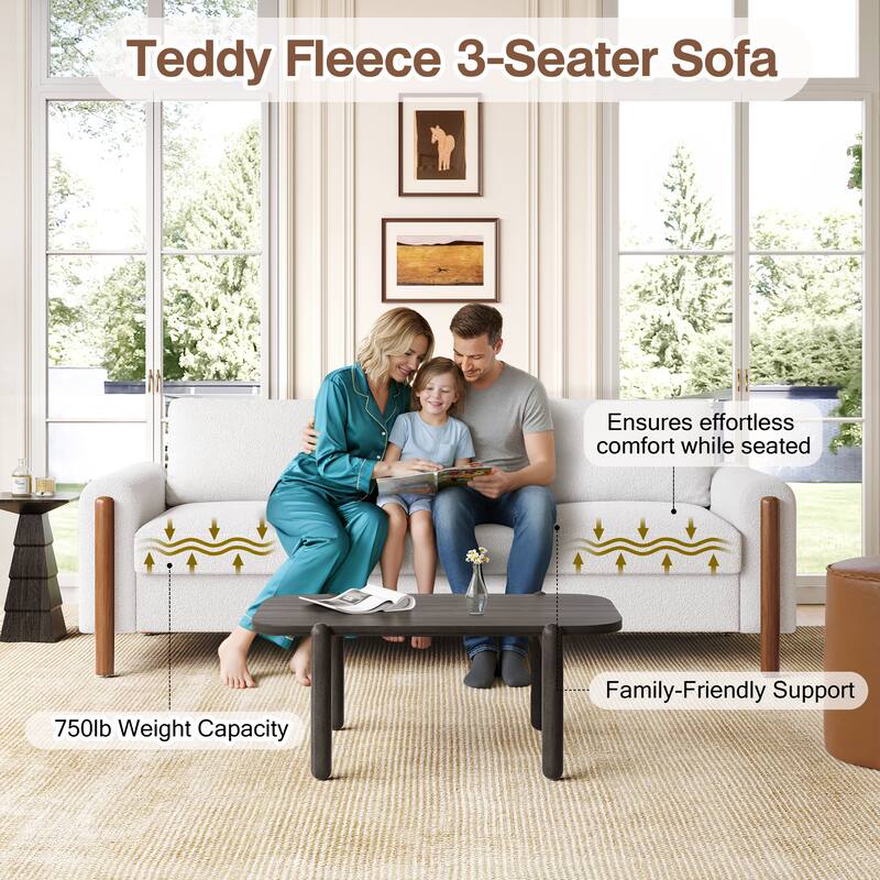 Roomfitters 84" 3-Seater Sofa, Teddy Velvet Couch with Integrated Solid Wood Legs and Curved Arc Armrests