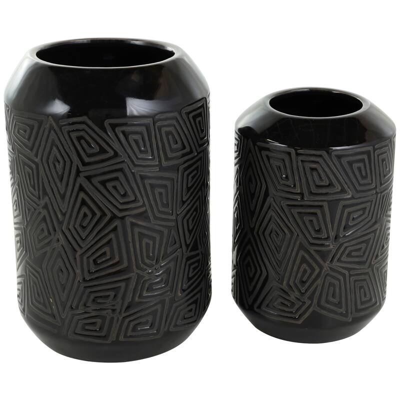 Black Ceramic Decorative Vase with Geometric Etchings (Set of 2)