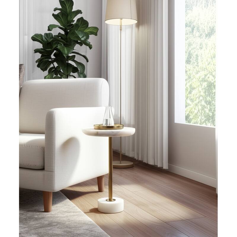 Marble Metal Side Table Modern Slim Base Narrow Round Top Home Decor - 24.0"