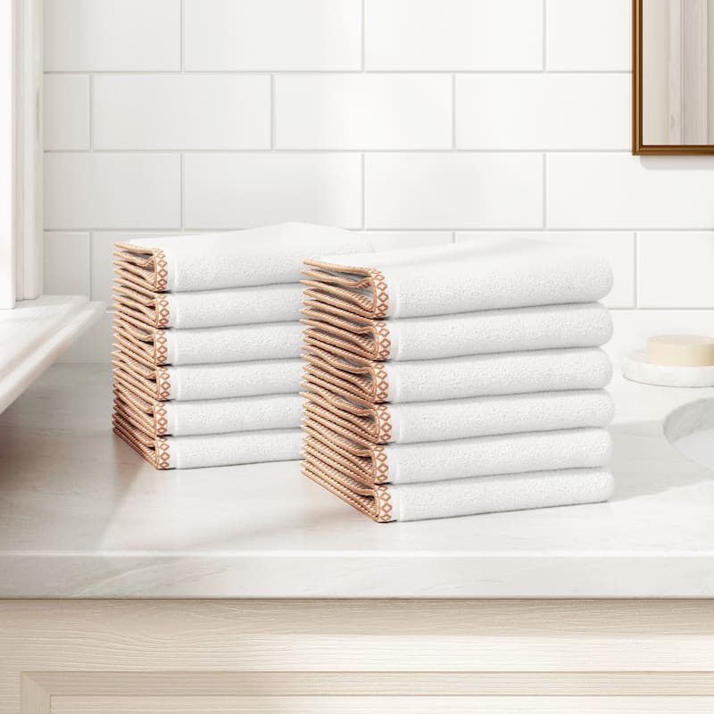Linery & Co. Quick-Dry Cotton and Decorative Border Towel Set - White / Clay - Washcloth (Pack of 12)