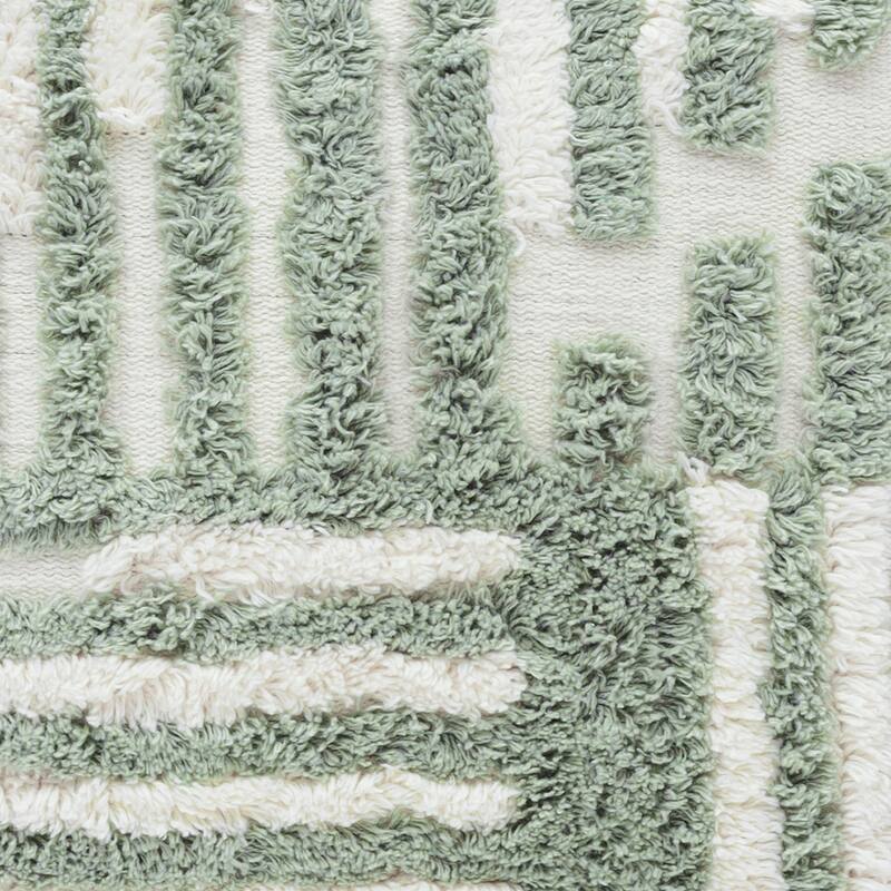 Handwoven Abstract Striped Shag Throw Pillow Cover - 22" - White and Sage Green