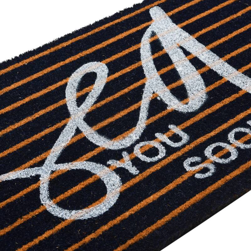 Coir Entry Doormat "Sea You Soon" with non-slip liner backing, Brown & White Stripe Design