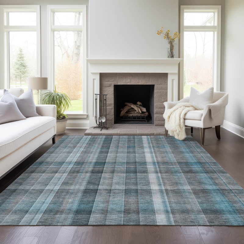 Machine Washable Indoor/ Outdoor Plaid Chantille Rug