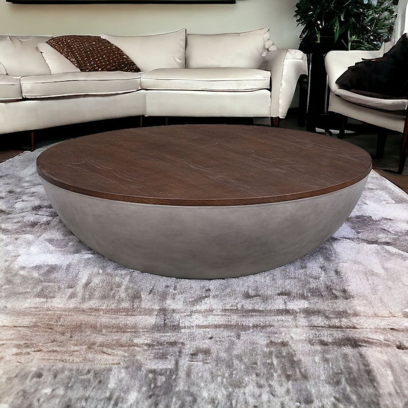 HomeRoots 48" Brown And Gray Solid Wood And Concrete Round Coffee Table - 48' X '15' X '48 - Brown