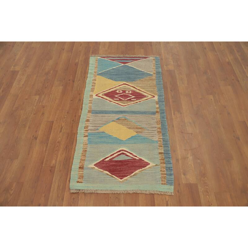 Hand Woven Oriental 100% Wool Carpet Southwestern Geometric Multi-Colored Kilim Area Rug - 4' 0'' X 2' 0''