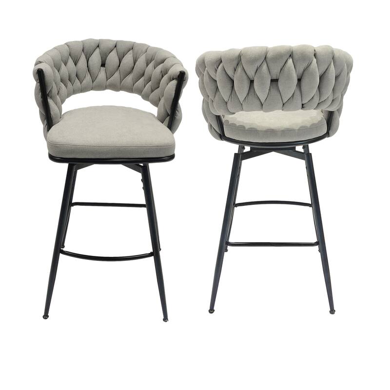 360 Swivel Linen Woven Bar Stool 2pcs Bar Stools with Back Footrest