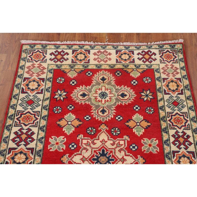 Kazak Accent Rug Hand-Knotted Geometric Red Wool Carpet - 2'10" x 4'1"