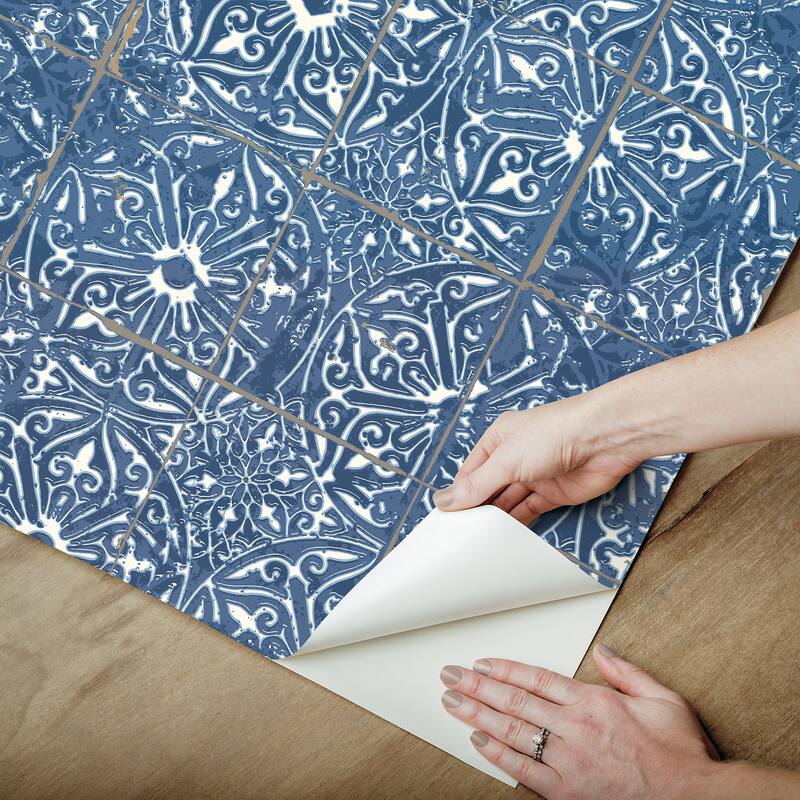NuWallpaper Cobalt Sea Provincial Tile Peel and Stick Wallpaper