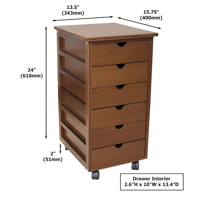Solid Bamboo Frame 6 Drawer Rolling Storage Cart