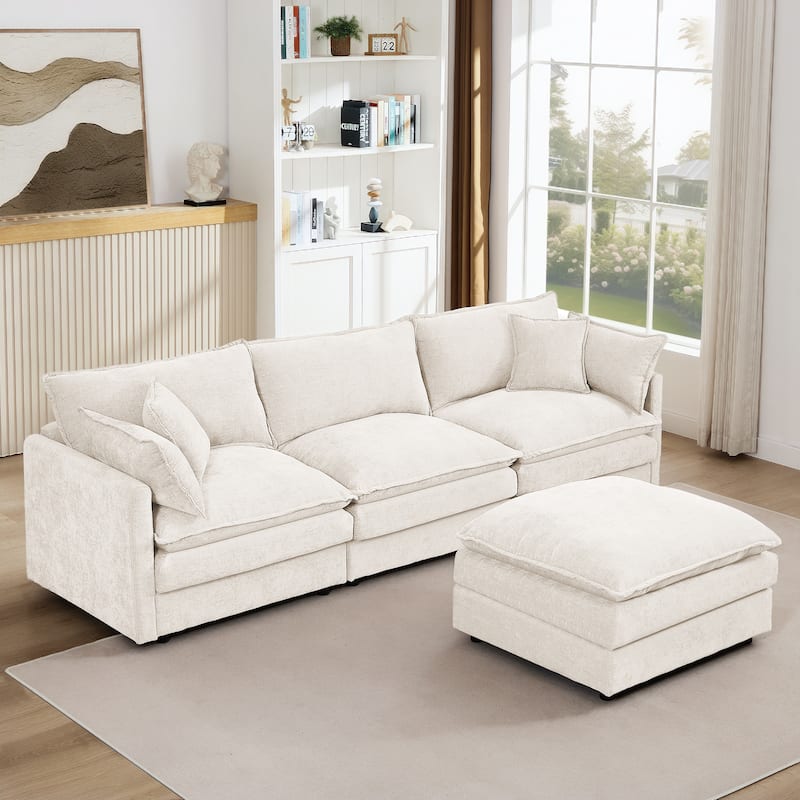 Chenille Chaise Sectional Sofa with Ottoman and 3-layers Cushions