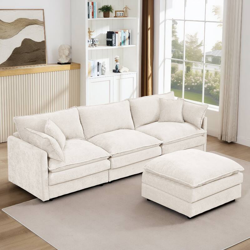 GDFStudio - Chenille Modular 3-Seater 102" L-Shaped Sectional Sofa with Ottoman