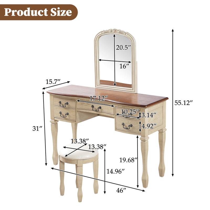 Vanity Desk with Curved Flower Frame Mirror, Dressing Table Set with 5 Drawers & Leather Stool, Wood Makeup Table for Bedroom