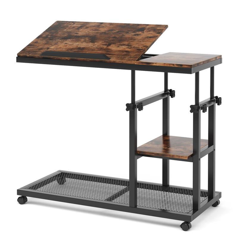 32"W Adjustable C-Shaped End Table with Wheels & Tilting Top,with Side Pocket & Storage Shelf,Rolling Overbed Couch Tray Table
