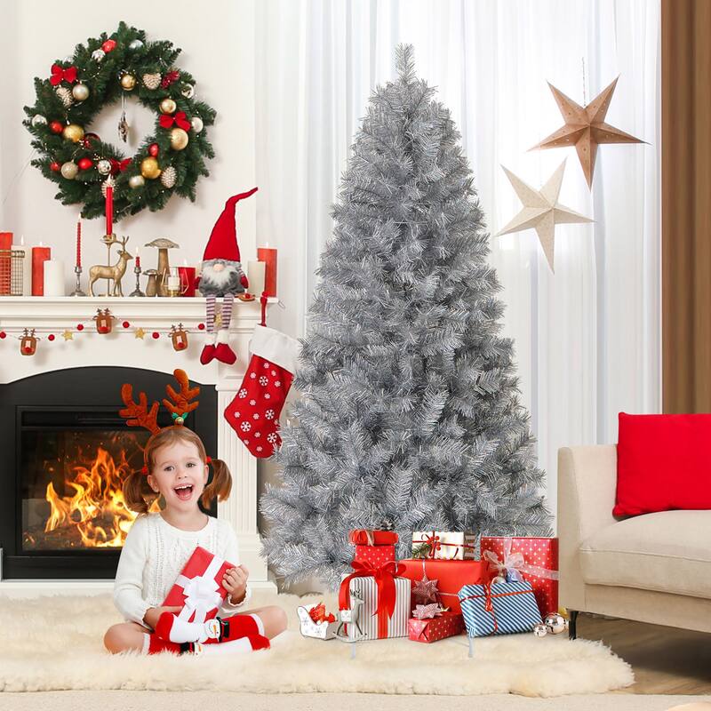 Gymax 5/6/7 FT Pre-Lit Artificial Christmas Tree Silver Tinsel Hinged - See Details