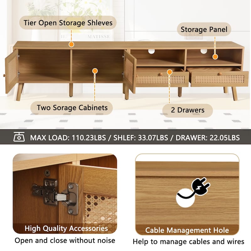 Roomfitters Boho TV Stand for 85" TVs, Farmhouse Media Console with Wood Legs, Entertainment Cabinet for Living Room, Natural