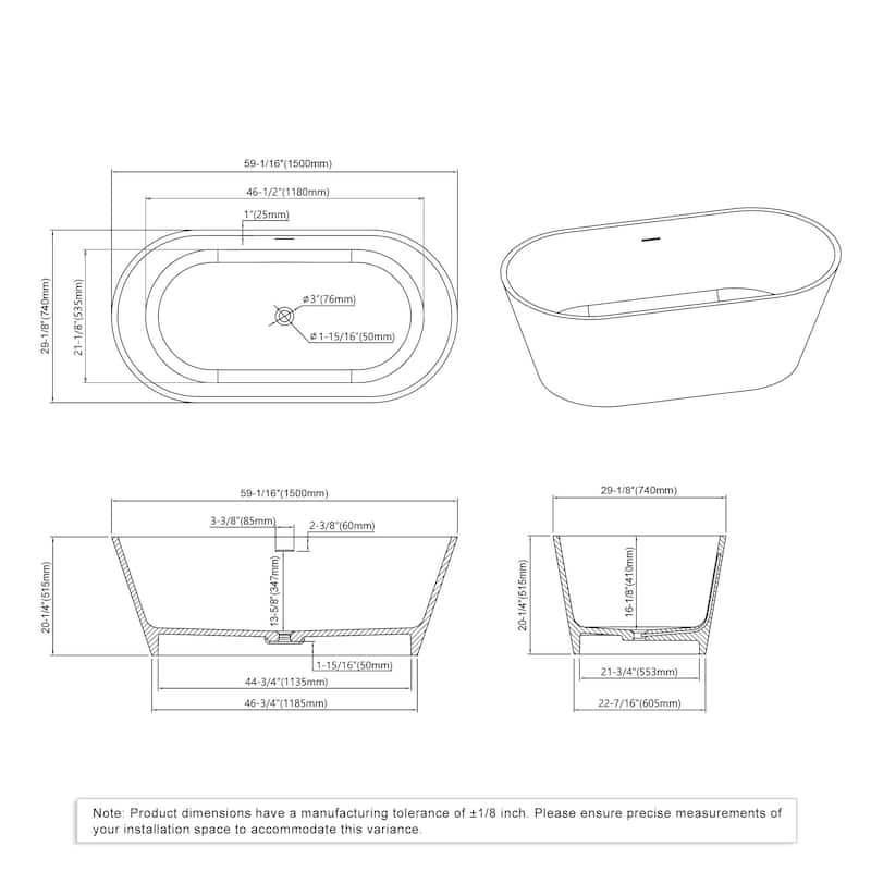 Repose 59" Stone Resin Soaking Tub - Oval - 30D x 59W x 21H