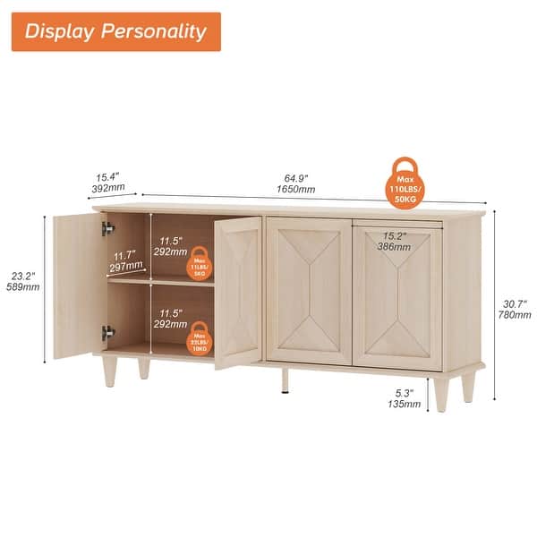 dimension image slide 3 of 6, Large Buffet Cabinet with Handcrafted Pop-Up Doors for Dining Room
