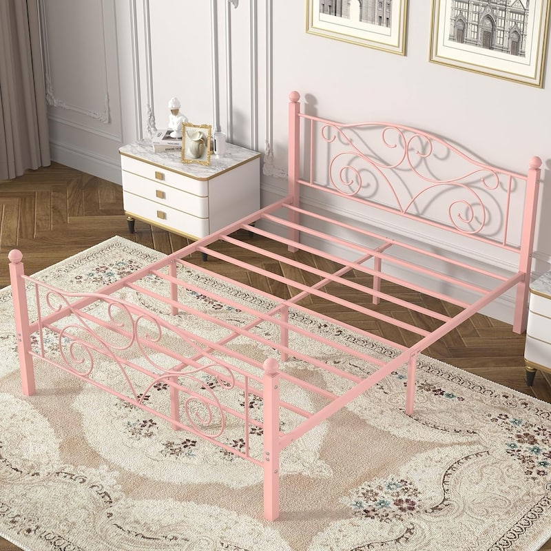 Javlergo Metal Bed Frame with Arched Headboard and Footboard, Heavy Duty Steel Slat Support, No Box Spring Needed