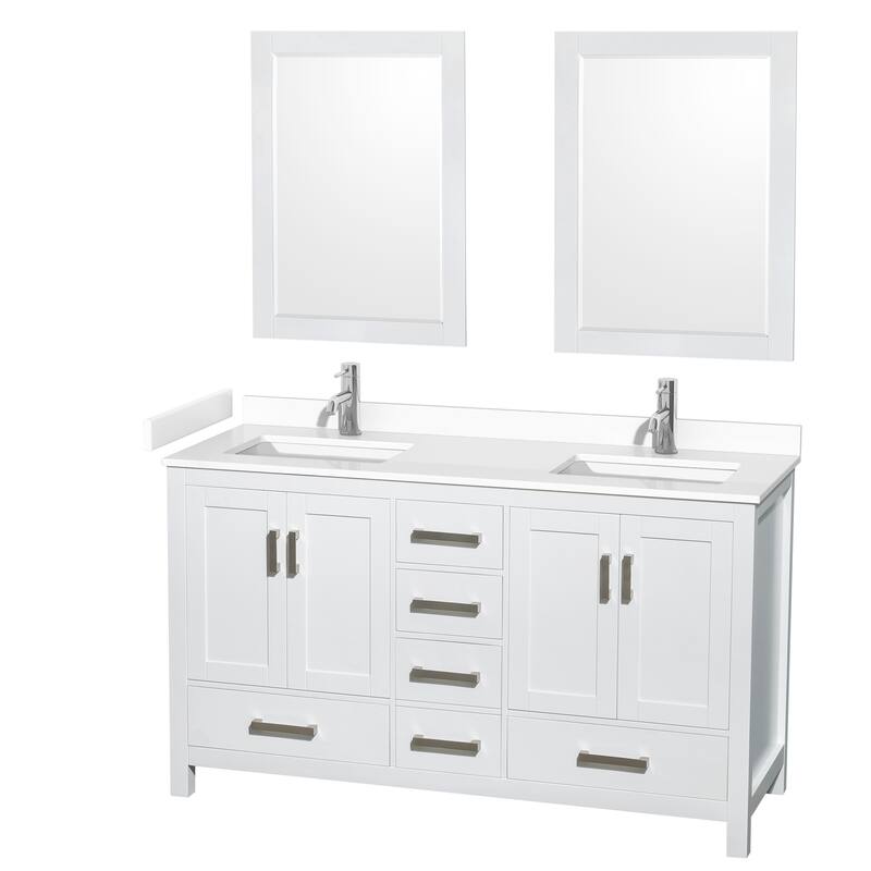 Sheffield Double Bathroom Vanity Set, Cultured Top, 24-Inch Mirrors - 60-Inch Double - White, White Cultured Marble Counter