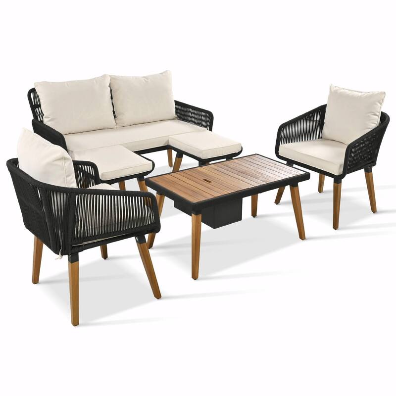 6-Piece Rope Patio Furniture Set with Acacia Wood Cool Bar Table