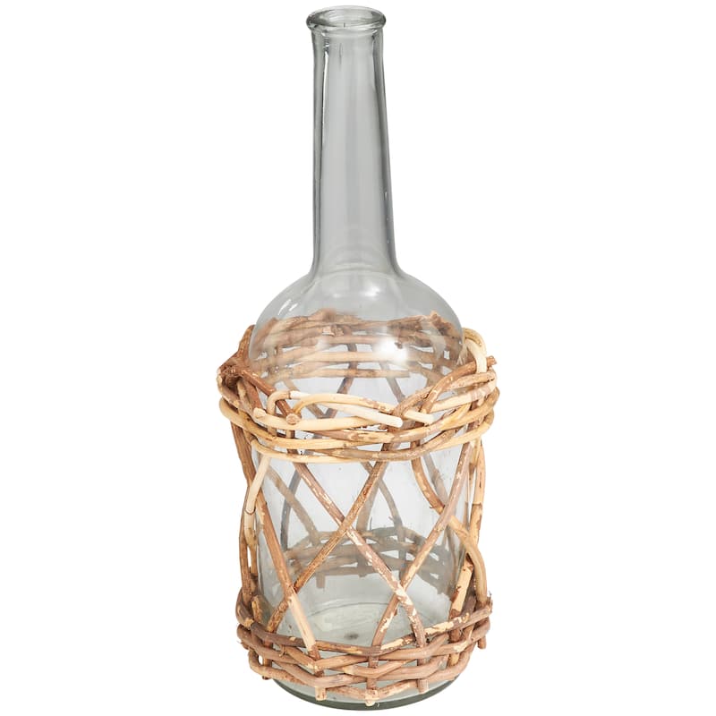 Clear Glass Handmade Tall Vase with Brown Rattan Woven Lower Body