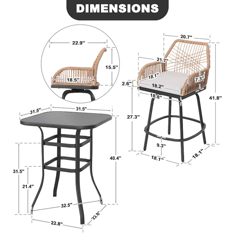 Swivel Patio Bar Set with Cushions, Handwoven Twisted Rattan Design