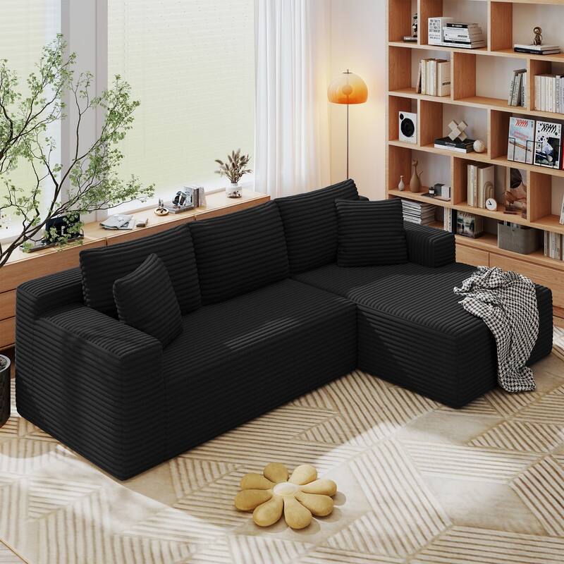 Rossetta L-Shaped Modular Cloud Corduroy Sectional Sofa with Deep Seat, Right Facing - Black