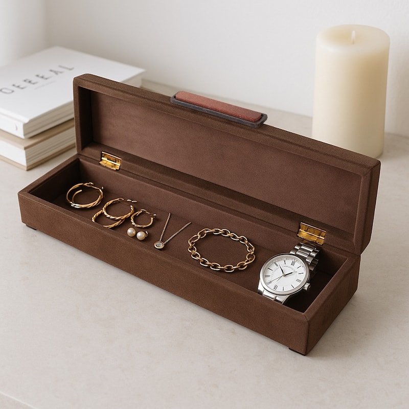 Elegant Decorative Box with Lid in Faux Leather - 18", Black & Brown - 18.0"