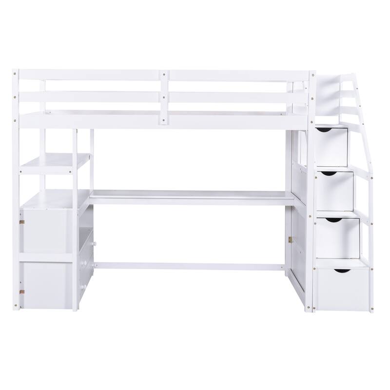 Loft Bed with Desk and Shelves, 2 Built-In Drawers, Storage Staircase