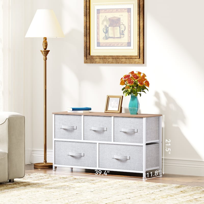 5-drawers Storage Horizontal Bedroom Dresser, Child Dresser with Wood Tabletop - Light Grey