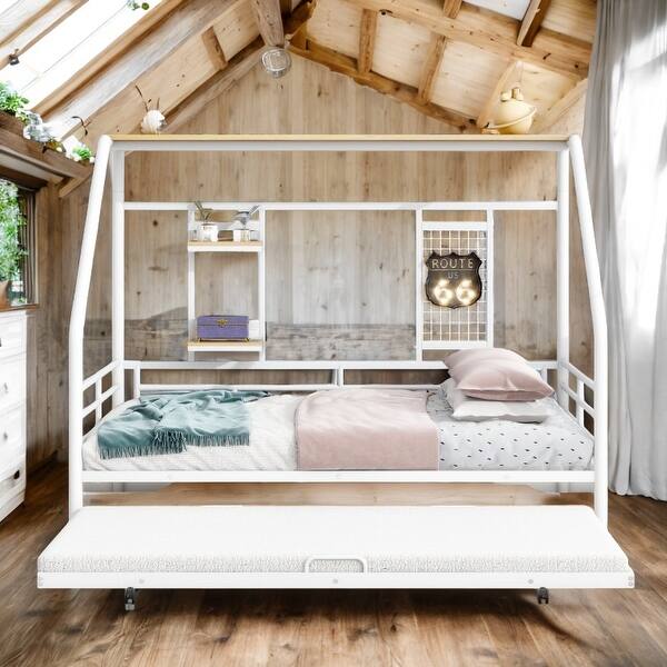 slide 2 of 40, Metal Full Size House Bed with Trundle and Built-in Shelf,Kids Bed Design White
