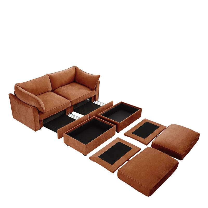 2-Seater Loveseat with 2 Movable Ottoman & Pull out Storage Drawer Under