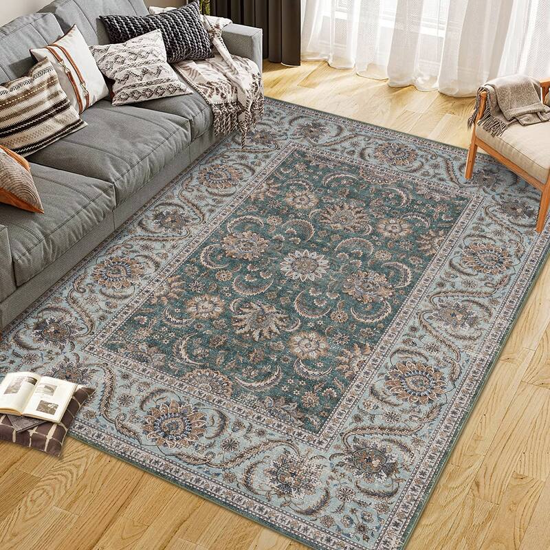 Washable Area Rugs for Living Room Stain Resistant Carpet Vintage Rugs Bedroom Low Pile Non Slip Accent Carpet