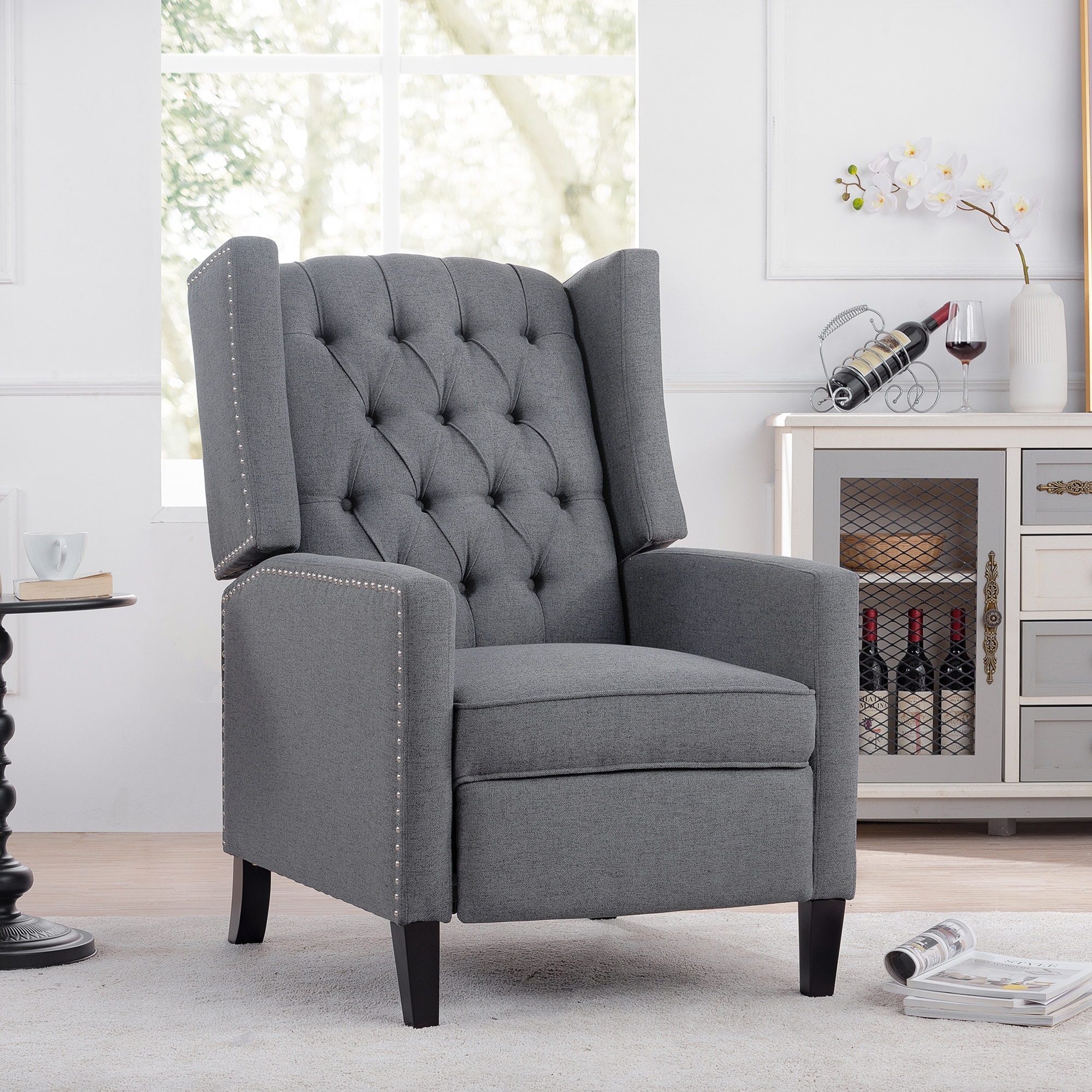 Grey Manual Wing Chair Recliner with Adjustable Comfort Bed Bath