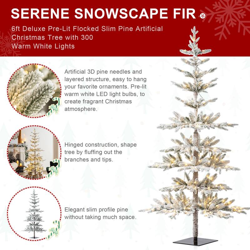 Glitzhome 6/7/9 FT Pre-Lit Flocked Slim Snowscape Fir Artificial Christmas Trees 2 or 3-Piece Set