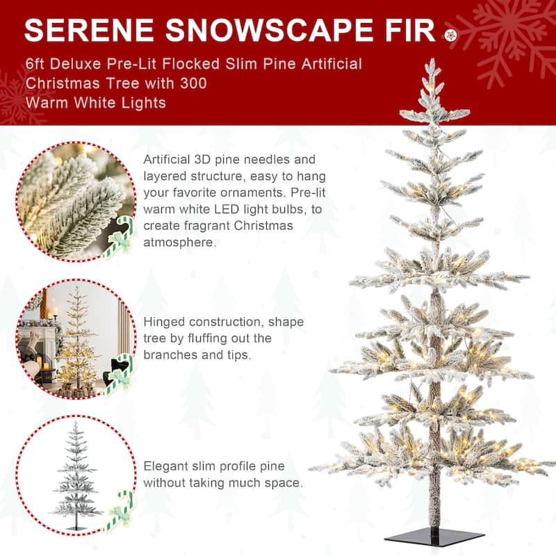 Glitzhome 6ft/7ft/9ft Deluxe Pre-Lit Flocked Slim Fir Artificial Christmas Tree with Warm White Lights