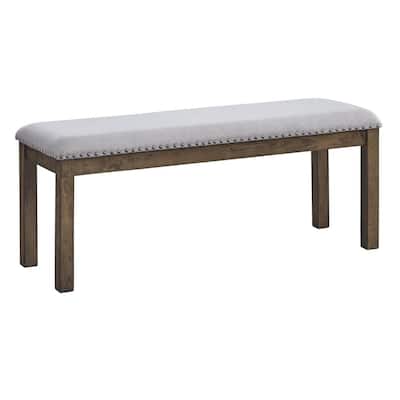 Nailhead Trim Wooden Dining Bench with Fabric Upholstery, Brown and Gray - 19.63 H x 48.25 W x 16.63 L Inches
