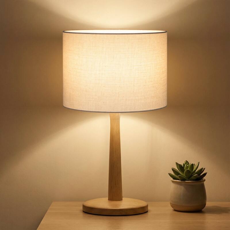 16.3 in. Modern Natural Wood Table Lamp with Linen Fabric Shade - Beige