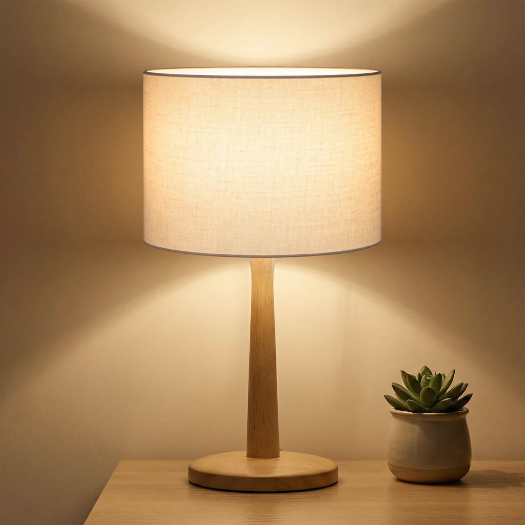 16.3 in. Modern Natural Wood Table Lamp with Linen Fabric Shade