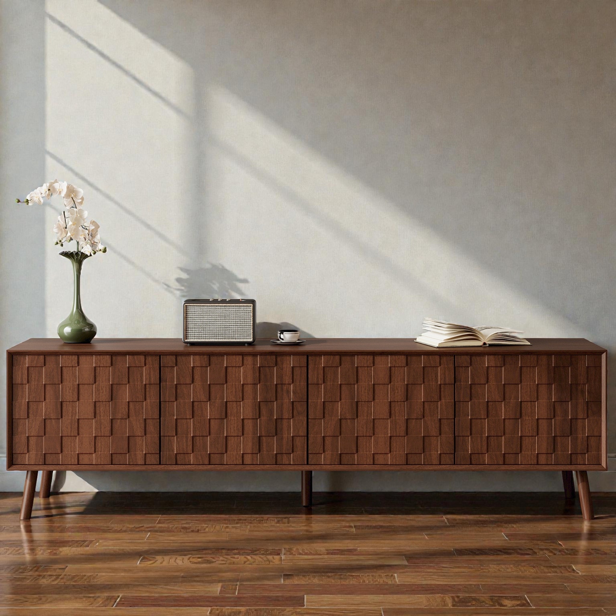 70 Inch TV Stand for TVs up to 80 Inches, Media Console with Textured Front, Solid Wood Legs, Storage Cabinet, Cable Management