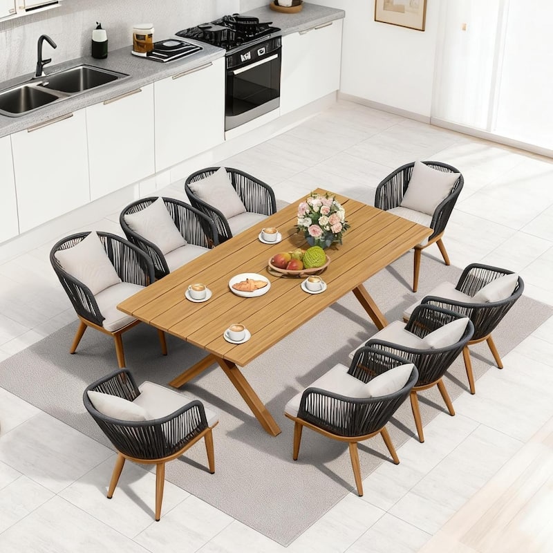 PURPLE LEAF dinnig set for the living room and dining room modern and simple design combining durability and aesthetics - Teak (9 Pcs Rectangular Teak Table)