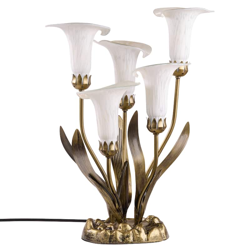 20-inch Antique Brass and Hand Blown Glass 5 Calla Lily Uplight Accent Lamp - 15" x 14" x 20"