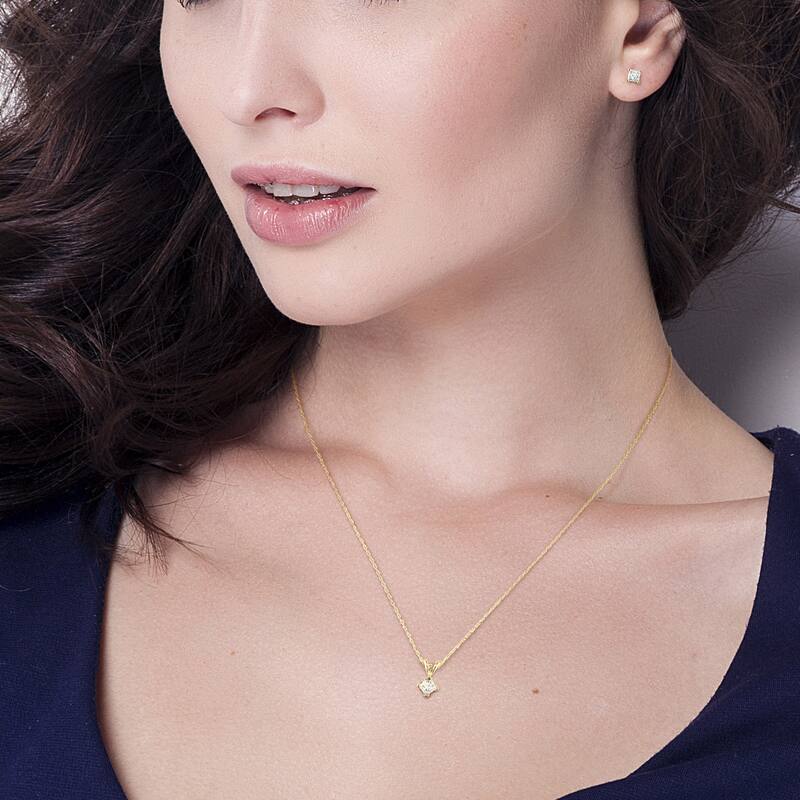 Miadora 1ct TW Princess Diamond Solitaire Stud Earrings Pendant Chain 14K Yellow Gold - 17 in