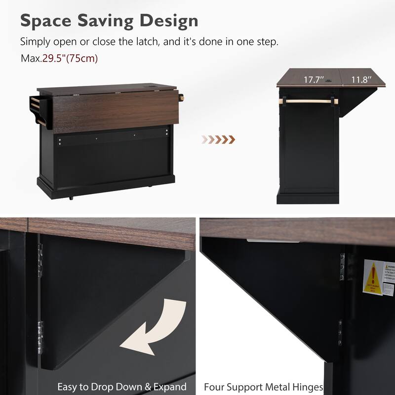 54.9" Kitchen Island with Drop Leaf, Power Outlet, with 4 Door Shelves, Cross Barn Doors & Visual Glass Door on 4 Wheels