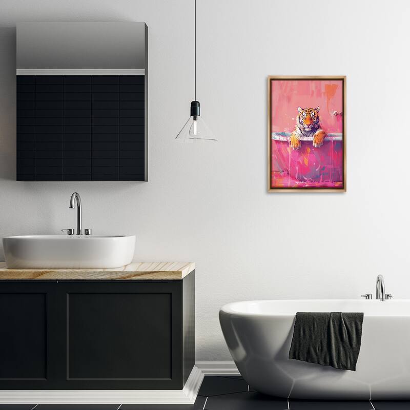 Stupell Bright Bathing Tiger in Tub Framed Floater Canvas Wall Art Design By LSR Design Studio