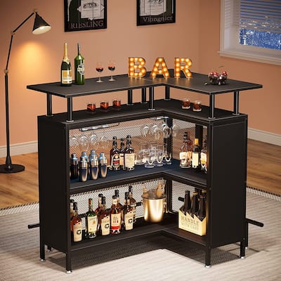 L-shape Home Bar Unit, Liquor Bar Table with 2-Tier Storage - N/A