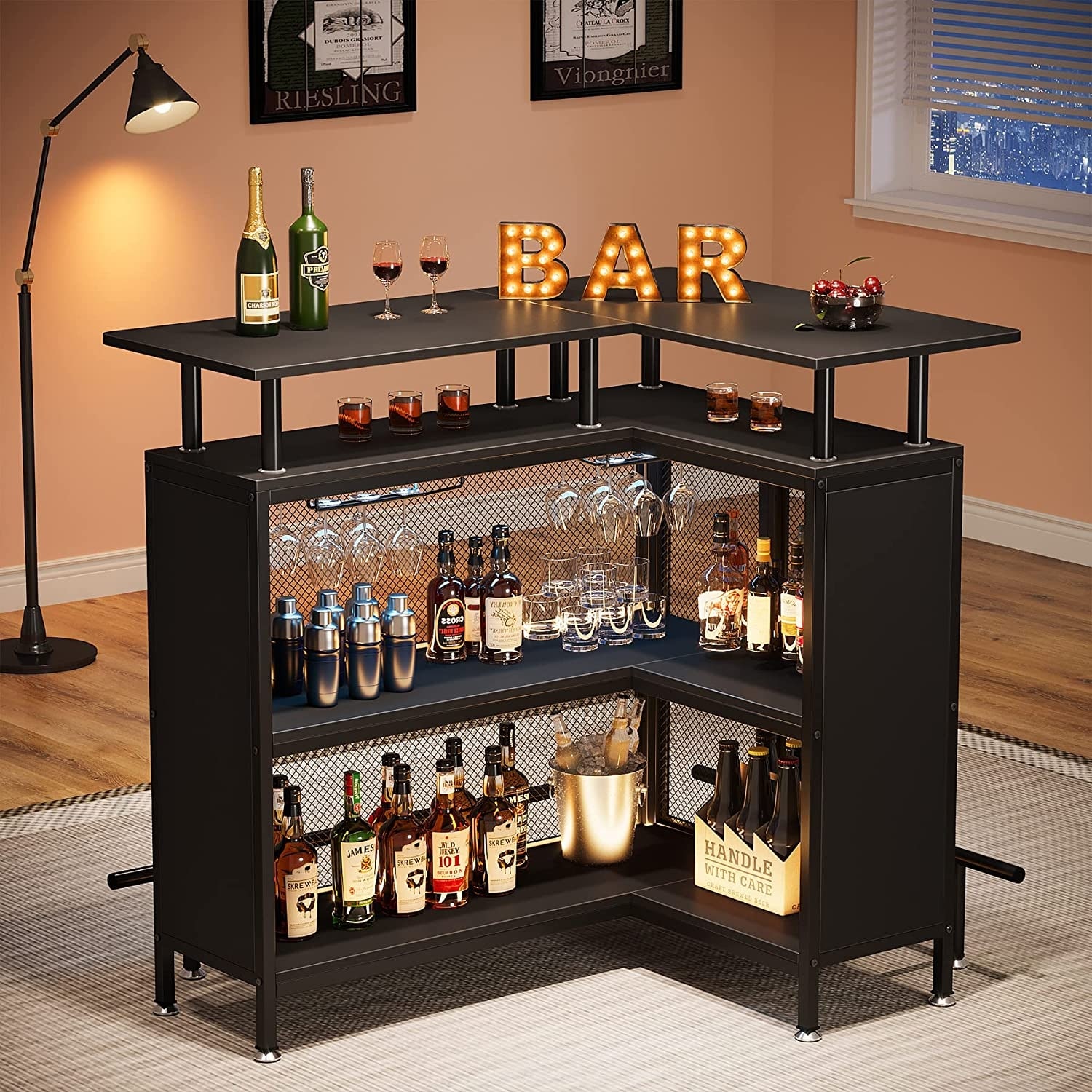 L-shape Home Bar Unit, Liquor Bar Table with 2-Tier Storage