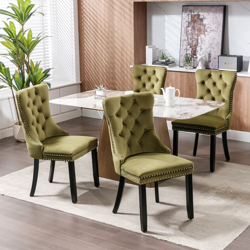 High-end Tufted Solid Wood Contemporary Velvet Upholstered Dining Chair with Wood Legs Nailhead Trim 2-Pcs Set